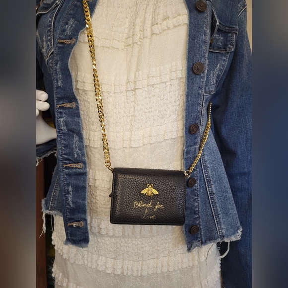 Gucci Wallet Blind For Love Bee Black GG Foldover Snap - Picture 2 of 9